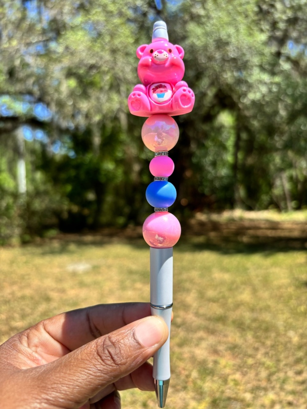 Handcrafted Pink and Blue Beaded Pen with Cupcake Care Bear Top